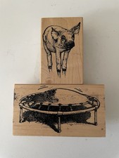 Vintage Flying Pig & Trampoline 2 Stamps Rubber Baby Buggy Bumpers 1991
