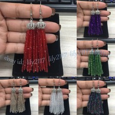 Faceted 3x4mm Multicolor Crystal Beaded Tassel Crown Dangle Silver Hook Earrings