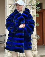 Women's Natural Chinchilla Print Soft Warm Coat Real Rex Rabbit Fur Thick Jacket