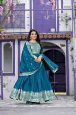 New Designer Blue Chinon Silk Gown With Dupatta For Wedding & Party