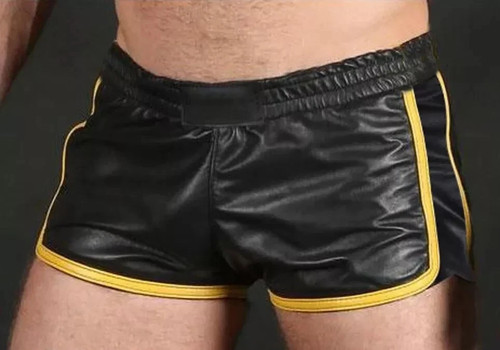 Short cuir rayé jaune pour - en,