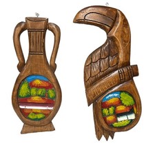 2 Vtg Wooden Luau Hand Carved Tiki Bar Decor Wall Art Party Jamaican Toucan Bird