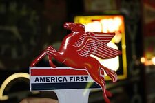 RARE MOBIL OIL PEAGASUS AMERICA FIRST EMBOSSED METAL PLATE TOPPER SIGN OIL GAS