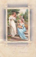 CP ILLUSTRATED FRAME RELIEF ELEGANT WOMEN SMELLING ROSES FLOWERS STAIRCASE - 41698