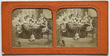 Kids Sitting Around a Table Games c1870 Photo Stereo Diorama Vintage 