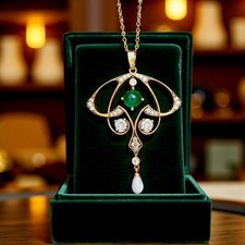 Collier Pendentif Doré Vieilli Agate Vert Goutte en Nacre Blanche Véritable SB22