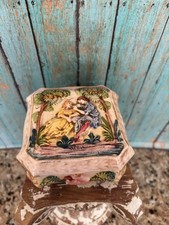 Vintage Capo di Monte Style Porcelain Hand Painted Trinket Box Relief Figure