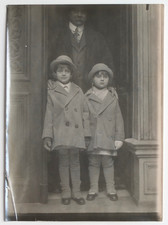 Two Sisters Twin Hat Father Step Door - Old Photo Snapshot, Large