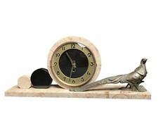 Art déco, pendule marbre rose noir décor faisan vers 1930