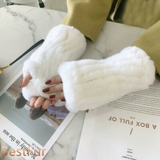 Womens Real Rabbit Rex Fur Fingerless Knitted Elastic Gloves Sleeves Mittens