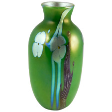 Orient & Flume EARLY c.1975 Art Nouveau Floral Art Glass Vase In Silver-Luster