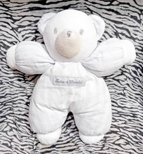 🦁 TARTINE ET CHOCOLAT DOUDOU PELUCHE OURS BLANC BLEU PALE RAYE ETAT NEUF 27CM