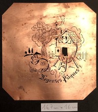 Pochoir ancien JOYEUSES PÂQUES - pour pâtisseries, en laiton POUSSINS ET CABANE