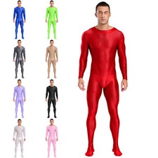 Mens Glossy Stretchy Jumpsuit Sports Fitness Gym Bodystocking Bodysuit Catsuit