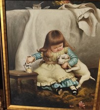 Belle Peinture Huile sur Toile Enfant avec un chien blanc White dog Painting