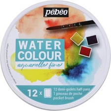 [300075] Pébéo Aquarelle Fine Boîte Ronde en Métal 12 Demi-Godets