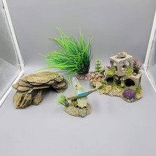 Aquarium Decor Lot Cave Rock Plant Ruins Sunken Airplane Hide Fish Tank Set 4pc