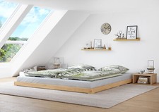 Lit en hêtre massif naturel très bas, lit double 180x200cm, accessoires en choix