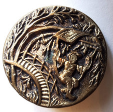 Antique button, 1900, 30 mm, stamped metal, woman on swing