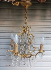 Rare ancien lustre cage en bronze doré et cristal 4 feux / ETAT DE MARCHE GAU ?
