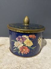 Vintage Blue and Gold Flower Round Gold Coast Metal Box Antique