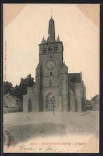 Old postcard Mussy-sur-Seine, the majestic stone church with its old clock 