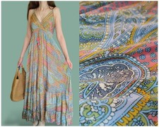 Creme Boheme Silk Floral Paisly Ruffled Flowy Maxi Dress Size M Boho Ethnic