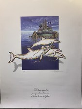 Daniel Monic 79x56 EA Lithograph Signed Belgian Artist Dolphins