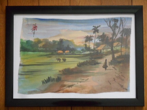 Peinture sue soie paysage - soie,