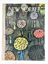 March 17, 1962 New Yorker, People with colorful umbrella in New York rain