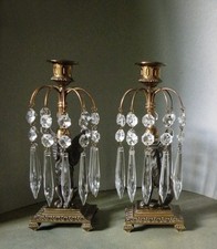 Rare Pair of French Empire Sphinx Lustres with Cut Glass Spear Drops Circa 1810.