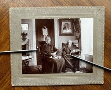 Antique Victorian Room Interior Elderly Couple on Rocking Chairs Gesso Frame