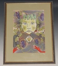 Green Man Original Artwork in Gouache Charcoal and Pastel Claire Schartau c1980