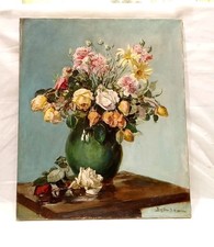 TABLEAU ANCIEN HUILE SUR TOILE BOUQUET NATURE MORTE VASE