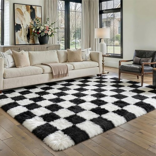 Tapis salon shaggy noir - , blanc