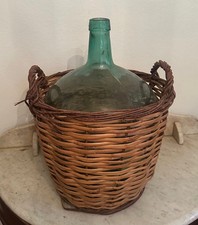Vintage VIRESA Aqua Green Blue Glass Demijohn Wine Bottle in Wicker Basket, 20"