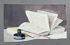 Aquarelle ancienne, Nature morte à l'encrier, Début XXe