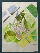 ROBERT DELAUNAY drawing and painting on old paper signed stamped vintage