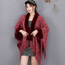 Femme Poncho Tricot Cape Fausse Fourrure Franges Cardigan Drapé Manteau Châle