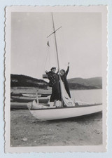 Two Happy Women Sand Sailboat Boat - Old Photo St Ferreol, 1937
