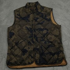 J Crew Vest Mens Large Green Camouflage Quilted Full Zip Pockets Preppy