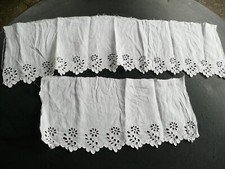 2 Antique Handmade Linen Embroidery Flower Decorations Scalloped Border