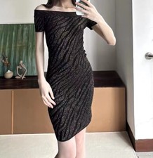 NWOT Herve Leger Black Off The Shoulder Metallic Mini Dress