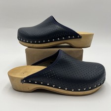 Berkemann Toeffler Wooden Clogs Mules Slip On Leather Navy Womens Size 38 US 7.5