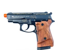Zoraki M-914 FF Auto - Movie Toy Prop W Gold Engravings BlackFinish & Wood Grip