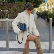 Veste manteau femme beige effet fourrure douce, chic hiver 2025, col tailleur