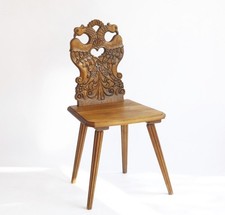 Antique Alpine Oak Folk Art Chair with Double Headed Eagle, Brutalist Escabelle
