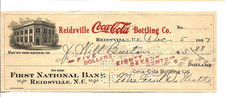 REIDSVILLE COCA-COLA BOTTLING CO. CHECK. NICE EARLY STYLE CHECK.  1927