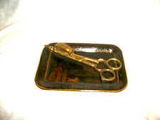 1890s AMERICANA TRAIN TOLE TRAY BRASS CANDLE SNUFFER STENCILED CRACKLED ANTIQUE