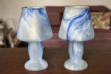 Deux lampes de table CHAMPIGNON verre bleu marbré vintage années 80